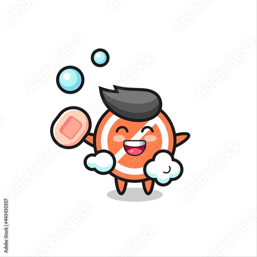 stop sign character is bathing while holding soap
