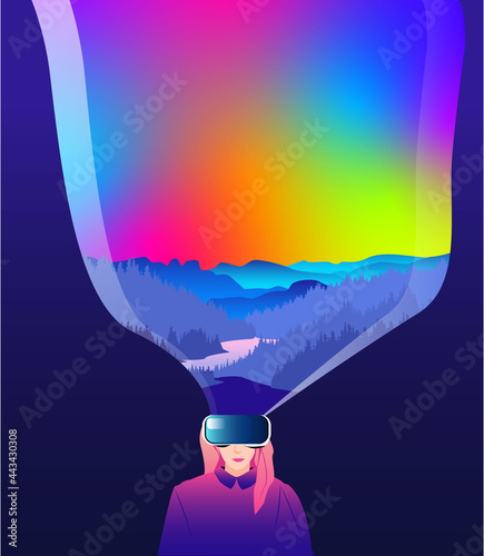 Woman in VR headset exploring cyberspace with bright rainbow mountain landscape. Concept of virtual or augmented reality. Modern editable vector illustration.