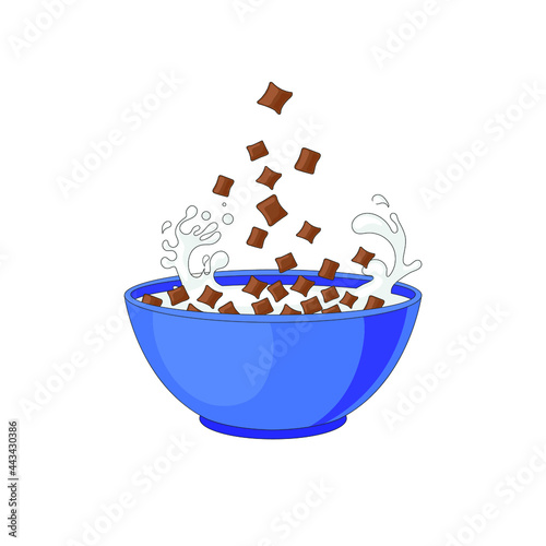 Vector Chocolate Pads Blue Bowl isolated on White Background, Sweet Breakfast, Illustration.

