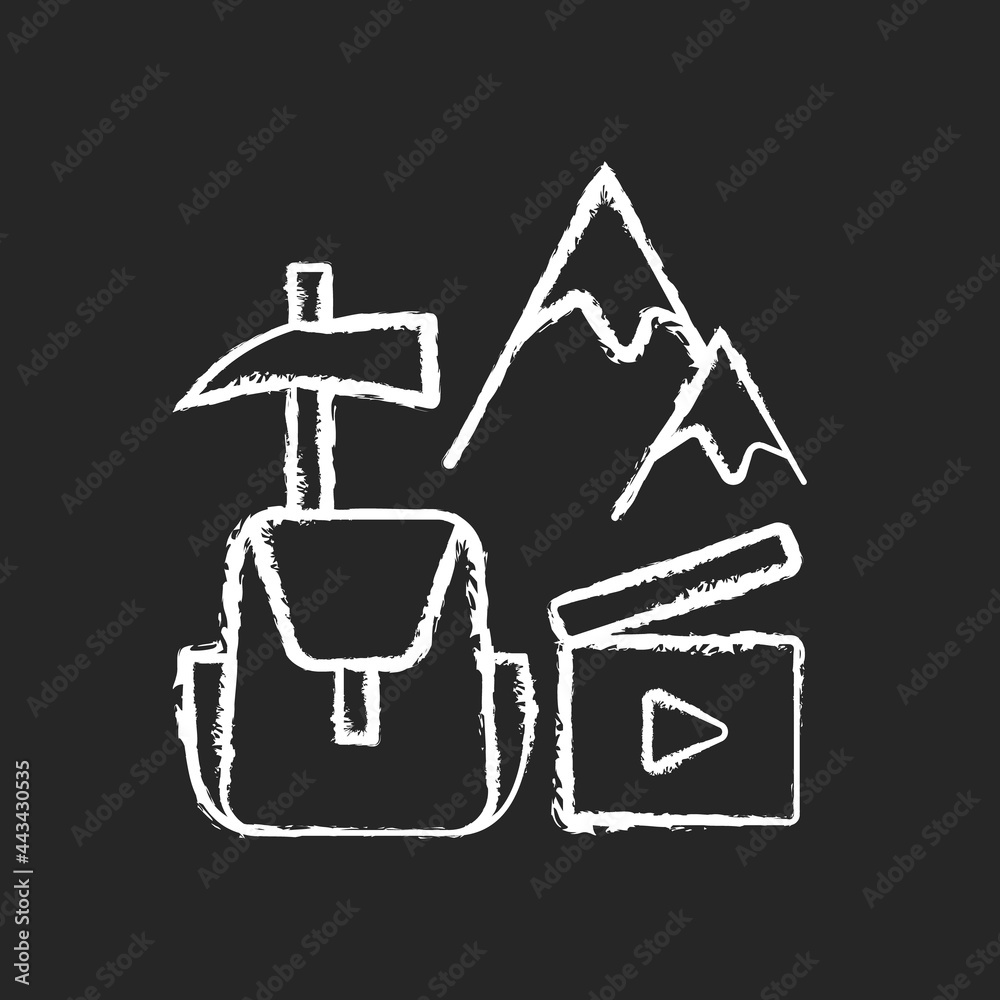 Travel videography chalk white icon on dark background. Shooting footage for traveler. Recording adventures for film. Tourism industry. Videography. Isolated vector chalkboard illustration on black Travel videography chalk white icon on dark background. Shooting footage for traveler. Recording adventures for film. Tourism industry. Videography. Isolated vector chalkboard illustration on black