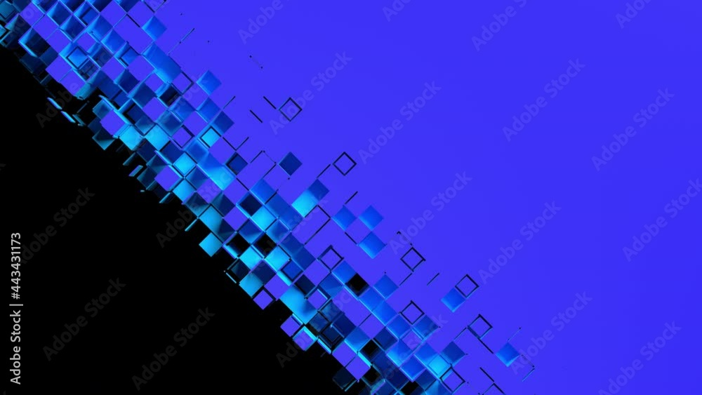 Blue square cells form a shutter that rises diagonally and hide black screen. Nanotech abstract concept. 3D animated transition intro with alpha channel as matte mask and chroma key color id.