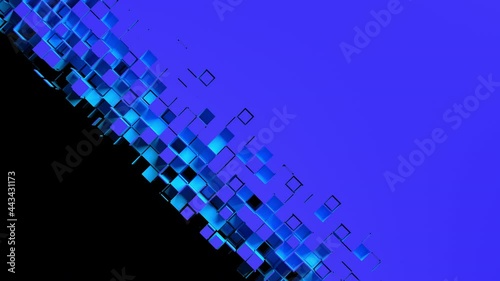 Blue square cells form a shutter that rises diagonally and hide black screen. Nanotech abstract concept. 3D animated transition intro with alpha channel as matte mask and chroma key color id.