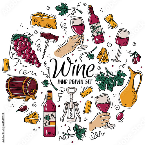 Vector circular color set with wine and cheese in Doodle sketch style. Linear icons for the menu of grapes and bottles.