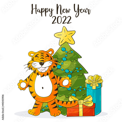 Symbol of 2022. Square New Year card in hand draw style. Christmas tree  gifts  tiger. Year of the tiger 2022