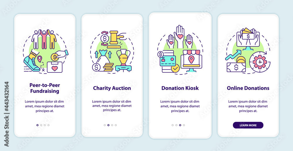 Fundraising events ideas onboarding mobile app page screen. Charity auction walkthrough 4 steps graphic instructions with concepts. UI, UX, GUI vector template with linear color illustrations Fundraising events ideas onboarding mobile app page screen. Charity auction walkthrough 4 steps graphic instructions with concepts. UI, UX, GUI vector template with linear color illustrations