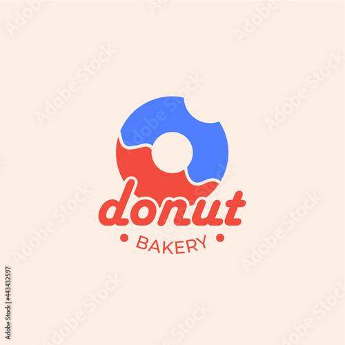 Minimalist logo or emblem for donut shop and bakery. Bright vector design with bitten donut. Identity. Business Card.