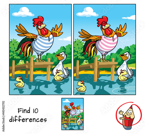 Rooster and ducks. Swimming in the pond. Find 10 differences. Cartoon vector illustration