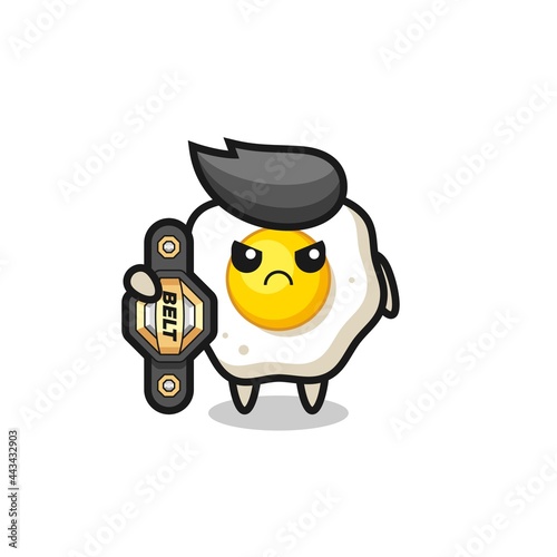 fried egg mascot character as a MMA fighter with the champion belt