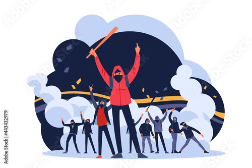 Hooligans-protesters throw stones and smoke bombs at police during riots on the streets of the city. Male characters with a bat and a Molotov cocktail attack and fight. Flat vector illustration