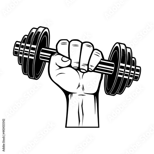 Athlete hand with dumbbell. Design element for poster, card, banner, sign. Vector illustration