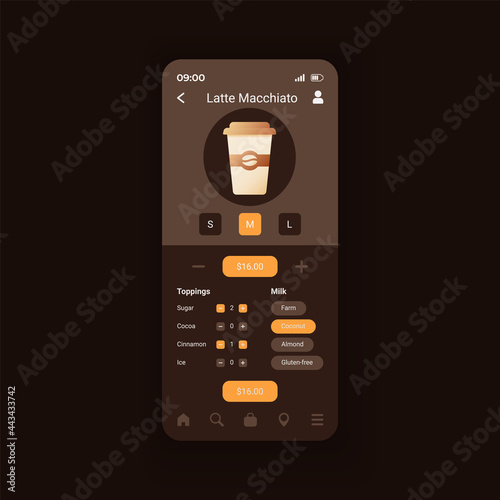 Latte macchiato preparation smartphone interface vector template. Making perfect coffee. Mobile app page design layout. Choosing espresso with coconut screen. Flat UI for application. Phone display