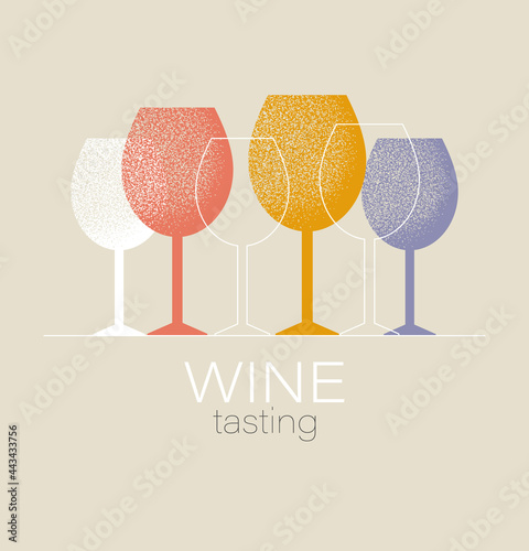 Wine tasting concept. Invitation template for an event, festival, party. Modern graphic design, poster, list, menu for restaurant, bar. Red or white wine glass. Isolated vector illustration