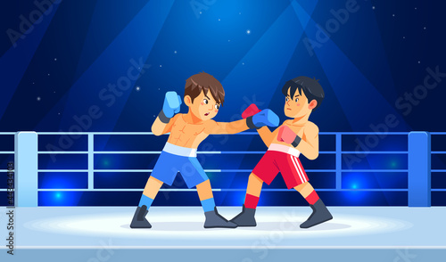 Box professional match among young boys. Teen boxing  kickboxing children on arena. Guys Boxers fight with these adult emotions. Concept of sports and healthy lifestyle. Cartoon vector illustration