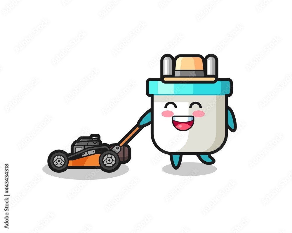 illustration of the electric plug character using lawn mower illustration of the electric plug character using lawn mower