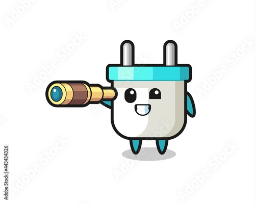 cute electric plug character is holding an old telescope