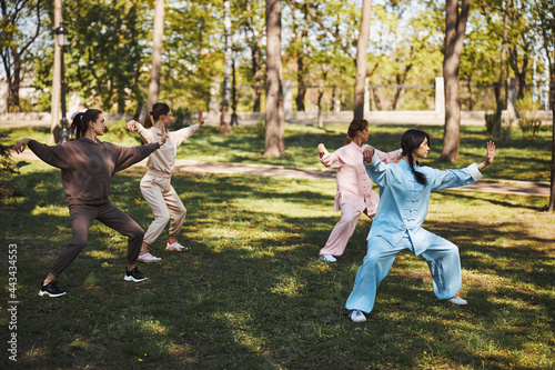 Four people doing tai chi exercises on grass outdoors photo