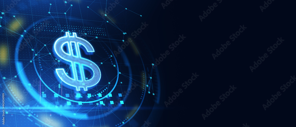 Abstract dollar icon on blue background with mockup place. Mobile banking and market concept. 3D Rendering. Abstract dollar icon on blue background with mockup place. Mobile banking and market concept. 3D Rendering.