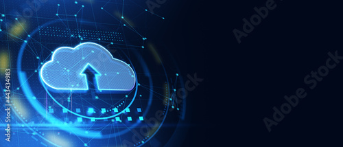 Creative cloud icon on blue background with mockup place. Cloud computing and database concept. 3D Rendering. photo