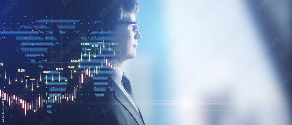 Φωτογραφία Side view of young businessman on abstract blurry city background with forex chart and mock up place