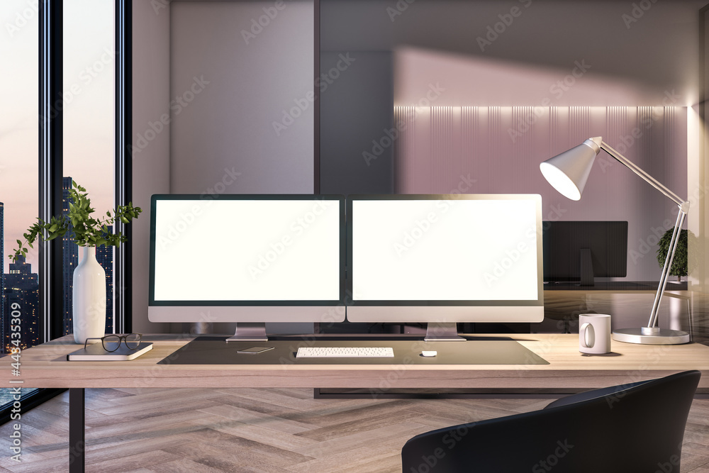 Two empty white computer screens on office table in interior with night city view. Corporate template. Mock up, 3D Rendering. Two empty white computer screens on office table in interior with night city view. Corporate template. Mock up, 3D Rendering.