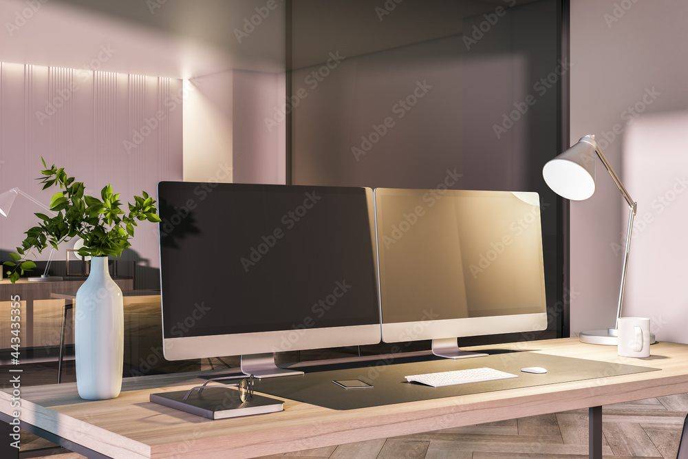Modern office interior with desk top, blank black computer monitors and other items. Mock up, 3D Rendering. Modern office interior with desk top, blank black computer monitors and other items. Mock up, 3D Rendering.
