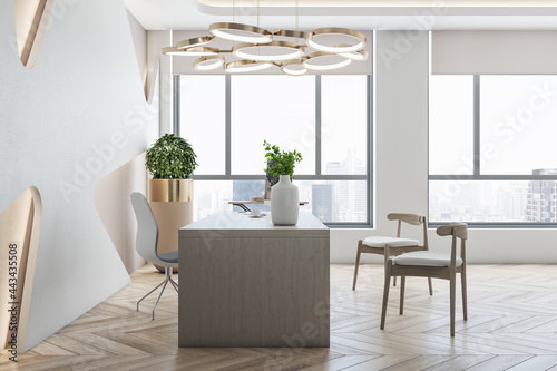 Clean office interior with wooden flooring  desk  equipment and city view. 3D Rendering.