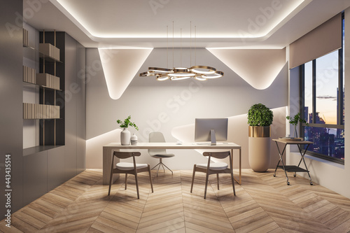Stylish office interior with wooden flooring  desk  equipment and city view. 3D Rendering.