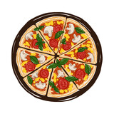 Vector illustration of hand drawn pizza. Tasty Italian pizza topped with tomato sauce, cheese, mushrooms, tomatoes and basil.