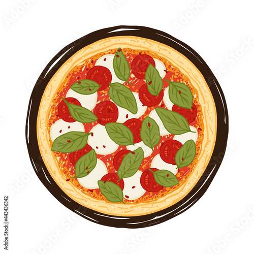 Vector illustration of hand drawn Margherita pizza. Tasty Italian pizza topped with tomato sauce, mozzarella cheese, tomatoes and basil.