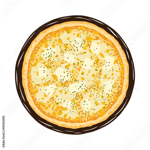 Vector illustration of hand drawn Four Cheese pizza. Tasty Italian white pizza topped with mozzarella, parmesan, gorgonzola, fontina and oregano.