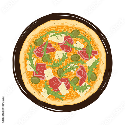 Vector illustration of hand drawn pizza. Tasty Italian pizza topped with cheese, prosciutto, arugula and green olive.