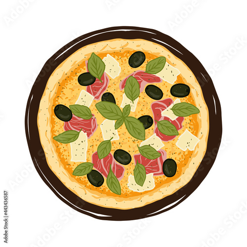 Vector illustration of hand drawn pizza. Tasty Italian pizza topped with cheese, prosciutto, basil and black olive.