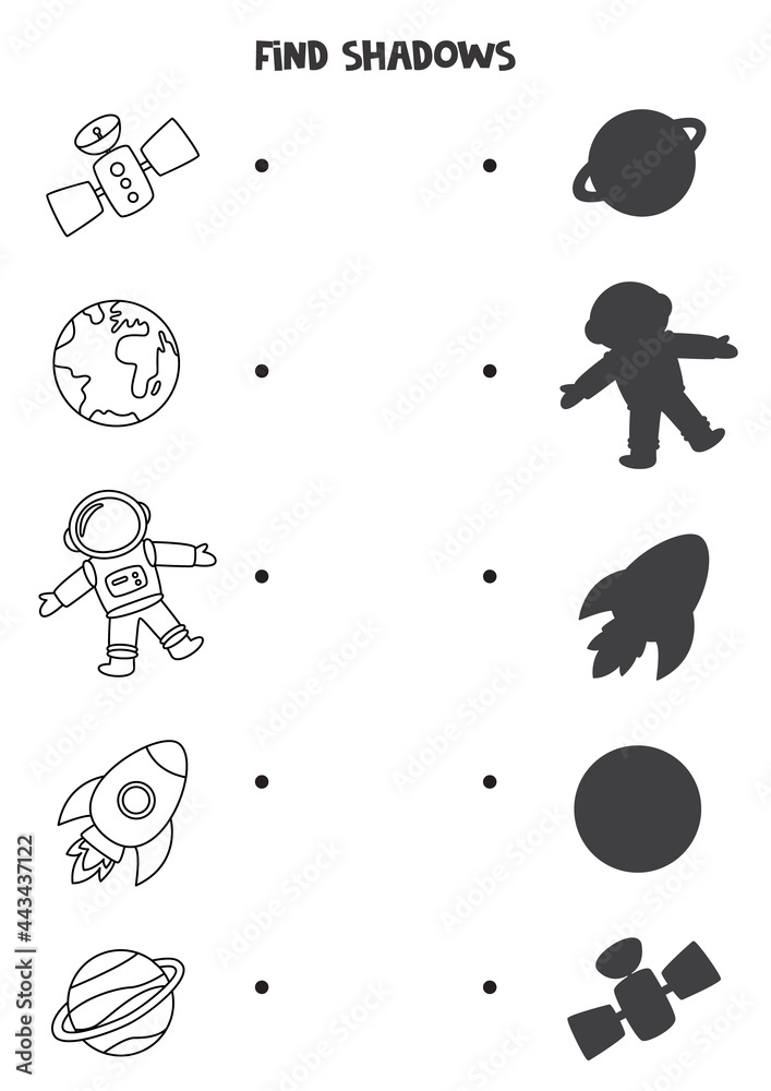 Find the correct shadows of black and white cosmic pictures. Logical puzzle for kids.