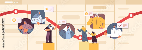 arab businesspeople on arrow chart financial growth business development concept horizontal