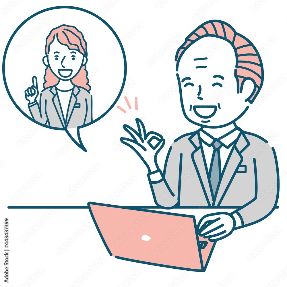 オンライン英会話を楽しむシニア男性ビジネスパーソンのイラスト素材 オンライン英会話を楽しむシニア男性ビジネスパーソンのイラスト素材