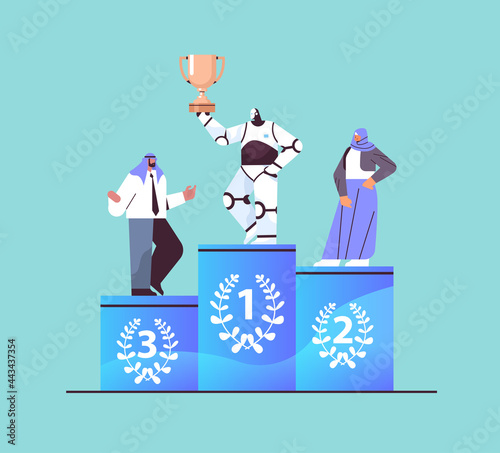robot winner getting first place and trophy on pedestal arab businesspeople loosing to automated machine competition