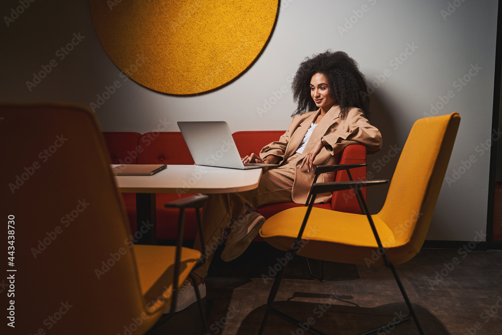 Φωτογραφία Smiling woman with laptop in the colorful lounge room