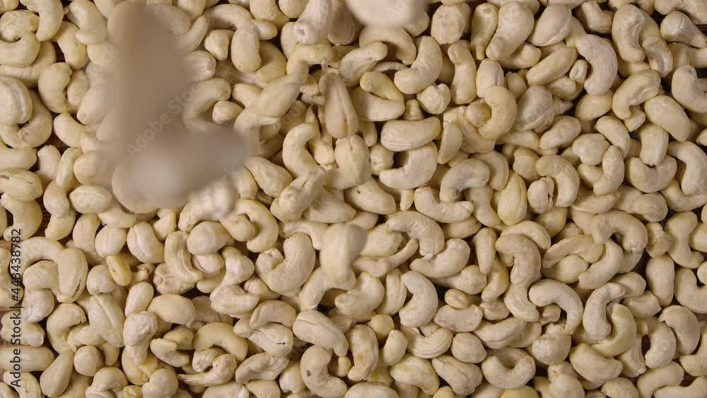 Raw cashew fall on a pile of peeled nuts. Top view of cashew kernels close up. Beautiful background of natural organic food. Slow motion. Raw cashew fall on a pile of peeled nuts. Top view of cashew kernels close up. Beautiful background of natural organic food. Slow motion.