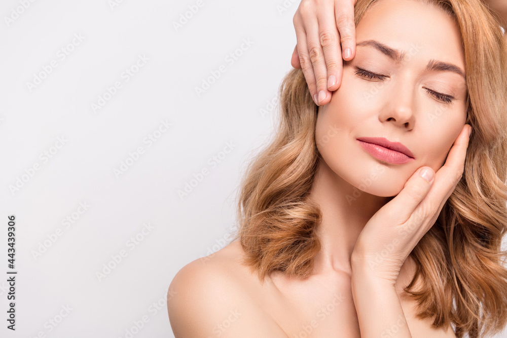 Cropped photo portrait woman dreamy enjoying skin care procedures in beauty salon isolated white color background copyspace