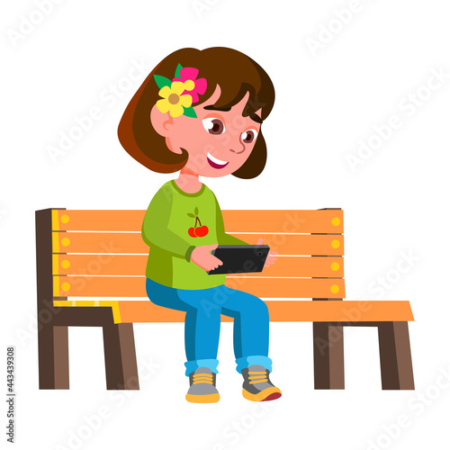 Girl Child Playing Video Game On Smartphone Vector. Smiling Caucasian Preteen Lady Sitting On Park Bench And Watching Video Movie On Smartphone Screen. Character Gadget Flat Cartoon Illustration