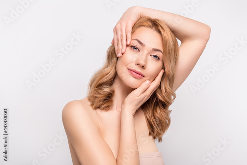Photo portrait woman dreamy enjoying skin nourishing rejuvenation procedures isolated white color background