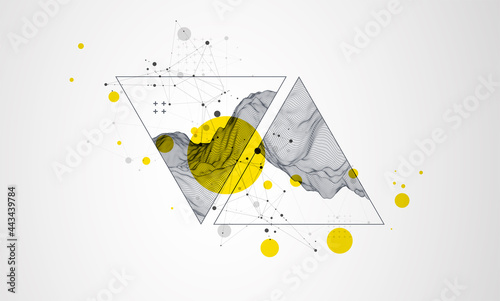 Abstract wireframe surface background inside a triangle. Scientific and technical image of the mountains.