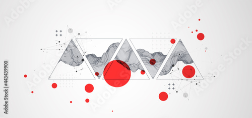 Abstract wireframe surface background inside a triangle. Scientific and technical image of the mountains.