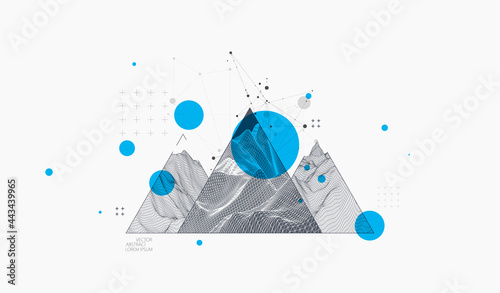 Abstract wireframe surface background inside a triangle. Scientific and technical image of the mountains.