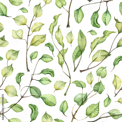 Seamless pattern with hand painted watercolor green leaves. Square background with green leaves