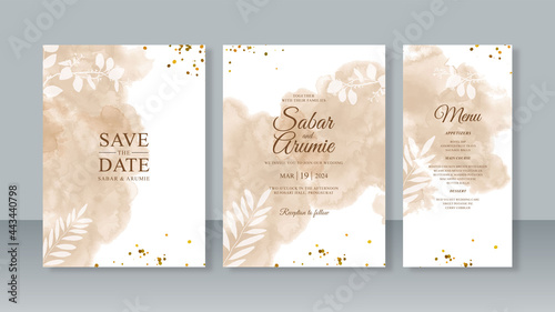 Set of wedding invitation templates with watercolor abstract splash painting and glitter