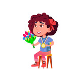 Girl Kid Winner With Medal And Flowers Vector. Happy Caucasian Schoolgirl With Golden Reward And Aromatic Bouquet Celebrate Victory In Tournament. Character Flat Cartoon Illustration