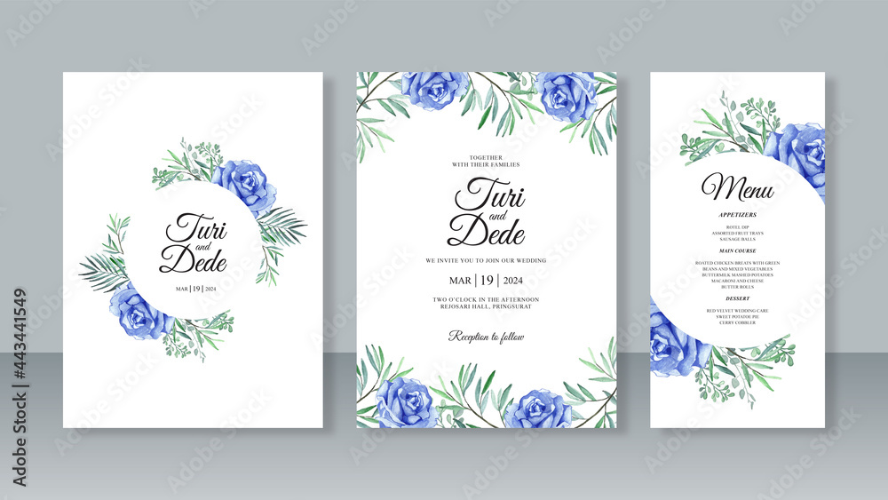 Wedding card invitation set template with flower watercolor painting