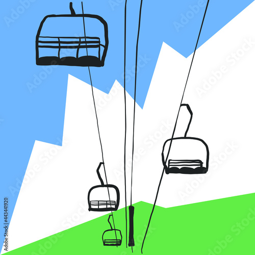 Empty chairlifts, down hill skiing lift. Ski cable lift icons for ski and winter sports. Design for tourist catalog, maps of the ski slopes, placard, brochure, flyer, booklet. Vector illust