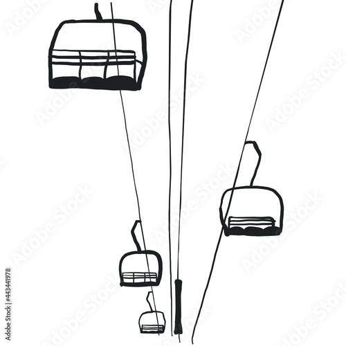 Empty chairlift silhouettes, down hill skiing lift. Ski cable lift icons for ski and winter sports. Design for tourist catalog, maps of the ski slopes, placard, brochure, flyer, booklet. Vector illust photo